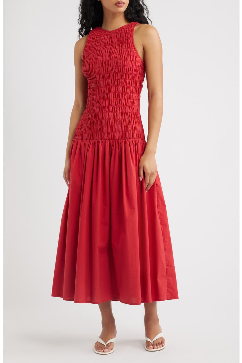 Sanchia Shirred Drop Waist Midi Dress, Main, color, CHILLI