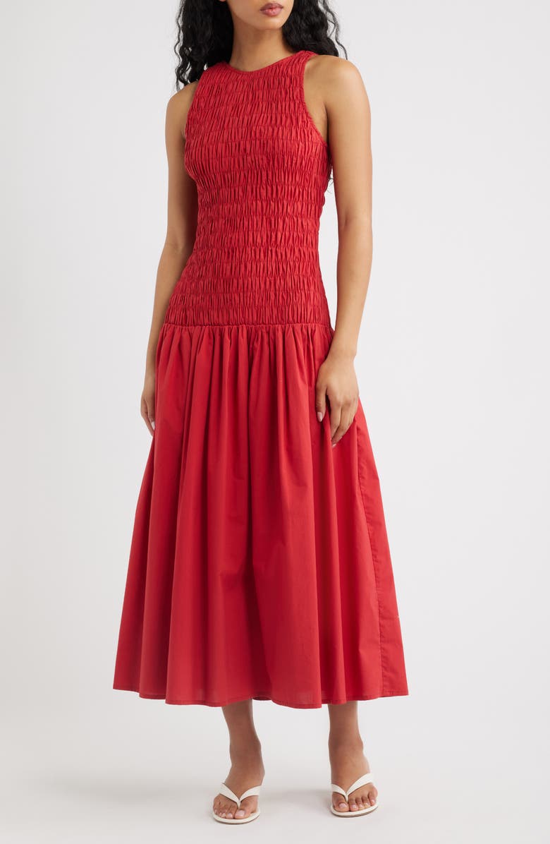 Faithfull the Brand Sanchia Shirred Drop Waist Midi Dress, Main, color, Chilli