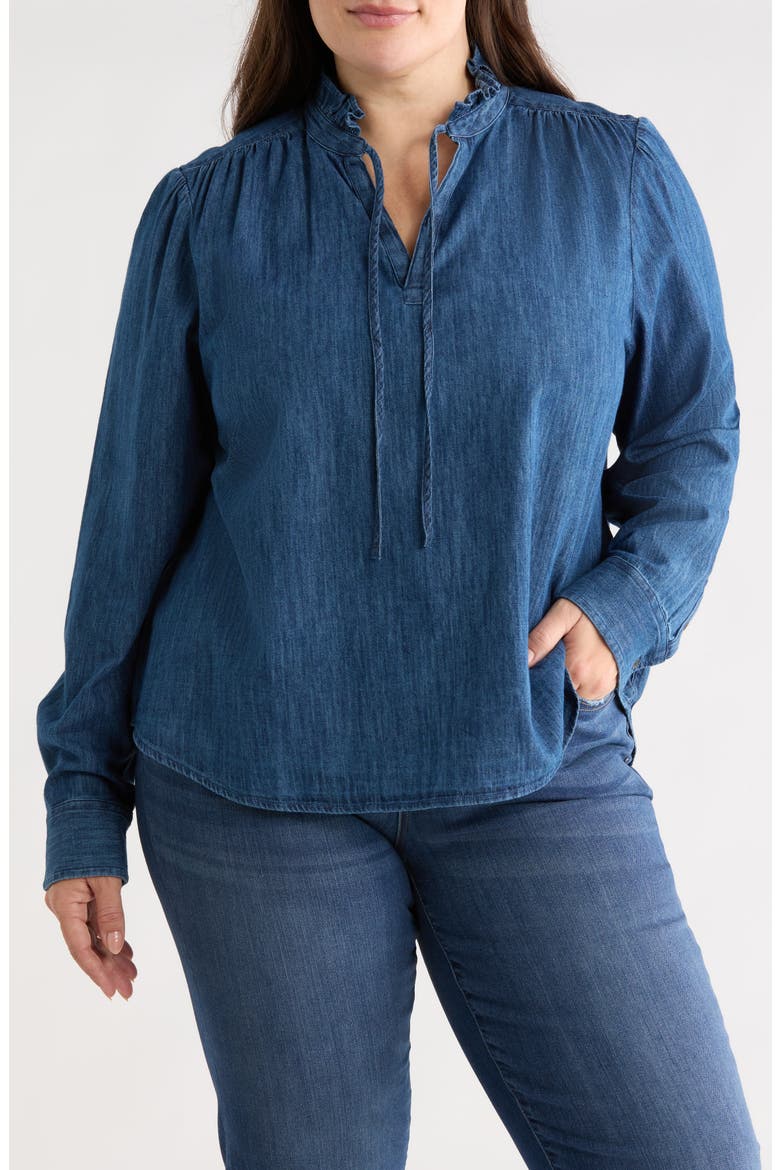 Ruffle Chambray Top, Main, color, DARK WASH