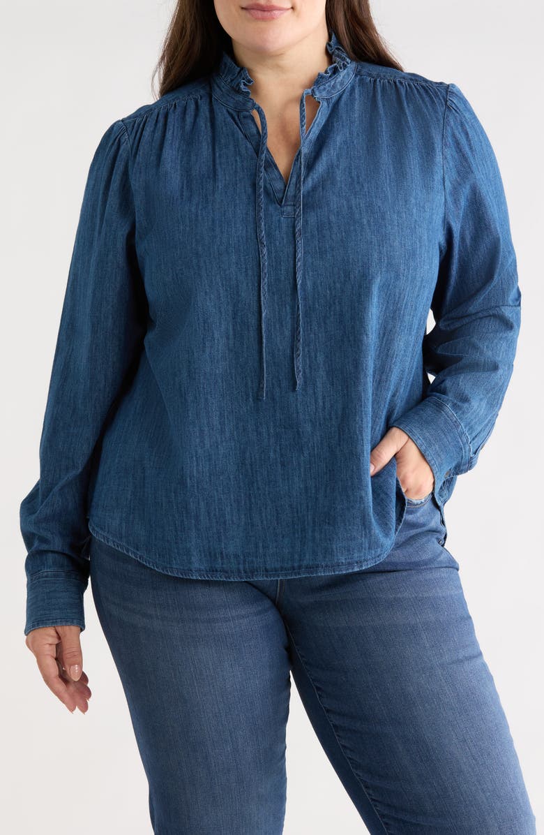 Caslon<sup>®</sup> Ruffle Chambray Top, Main, color, Dark Wash