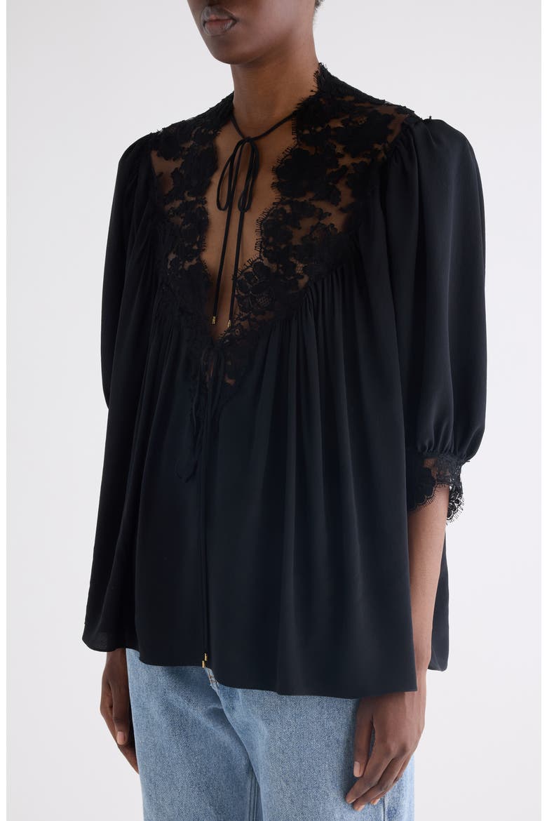 Lace Trim Silk Top, Alternate, color, BLACK