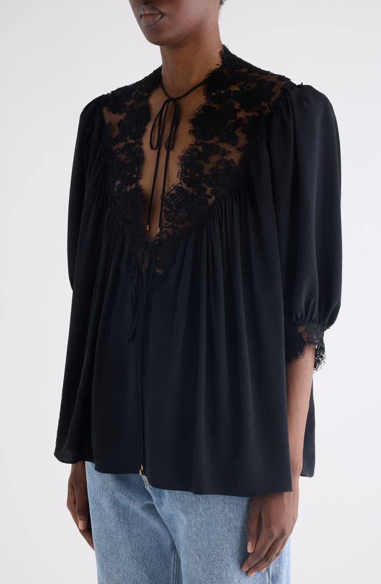 Chloé Lace Trim Silk Top, Alternate, color, Black