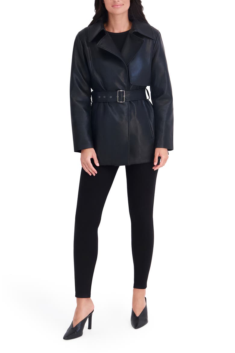 Faux Leather Belted Trench Coat, Alternate, color, BLACK