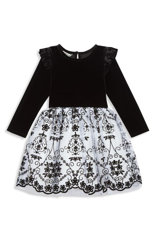 Pippa & Julie Erika Long Sleeve Velvet & Flocked Tulle Dress & Bloomers in Black 