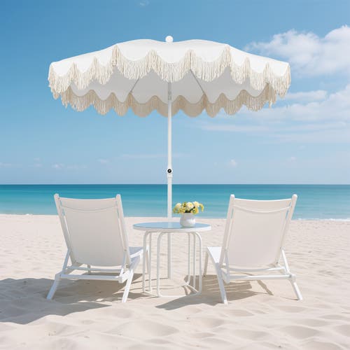 Jonathan Y Mariner 6.5 Ft. Classic Cottage Fringe Tassel Market Beach Umbrella With Push Button Tilt In White