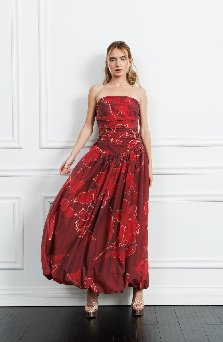 CIEBON Reema Floral Strapless Bubble Hem Gown, Alternate, color, Burgundy/ Red