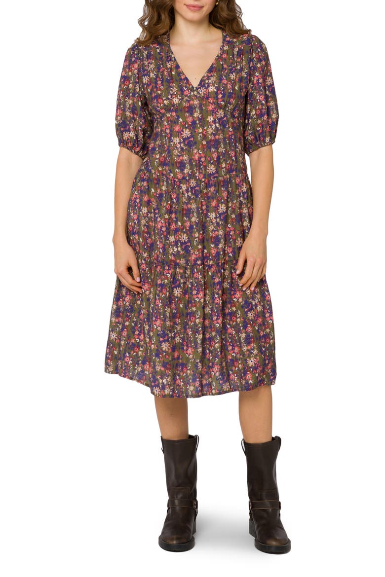 Floral V-Neck Midi Tiered Dress, Main, color, DITSY GREENERY