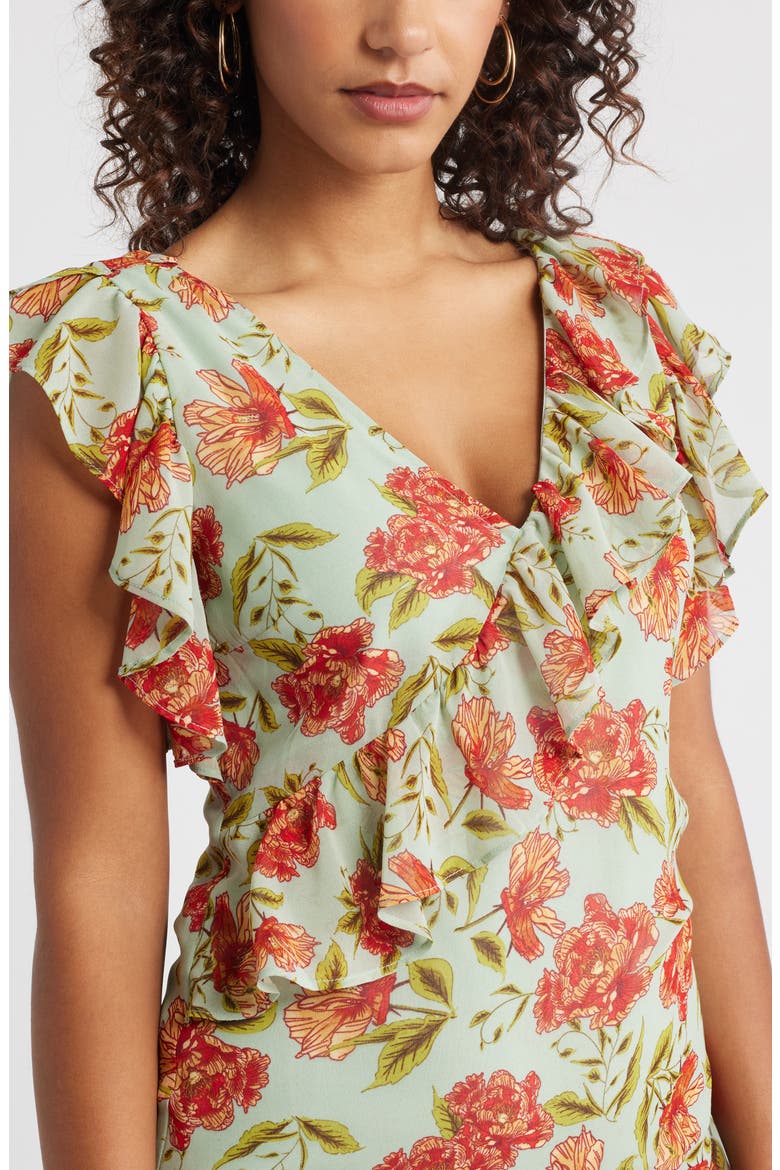 Ruffle Tiered Chiffon Midi Dress, Alternate, color, GREEN- RED FRANNIE FLORAL