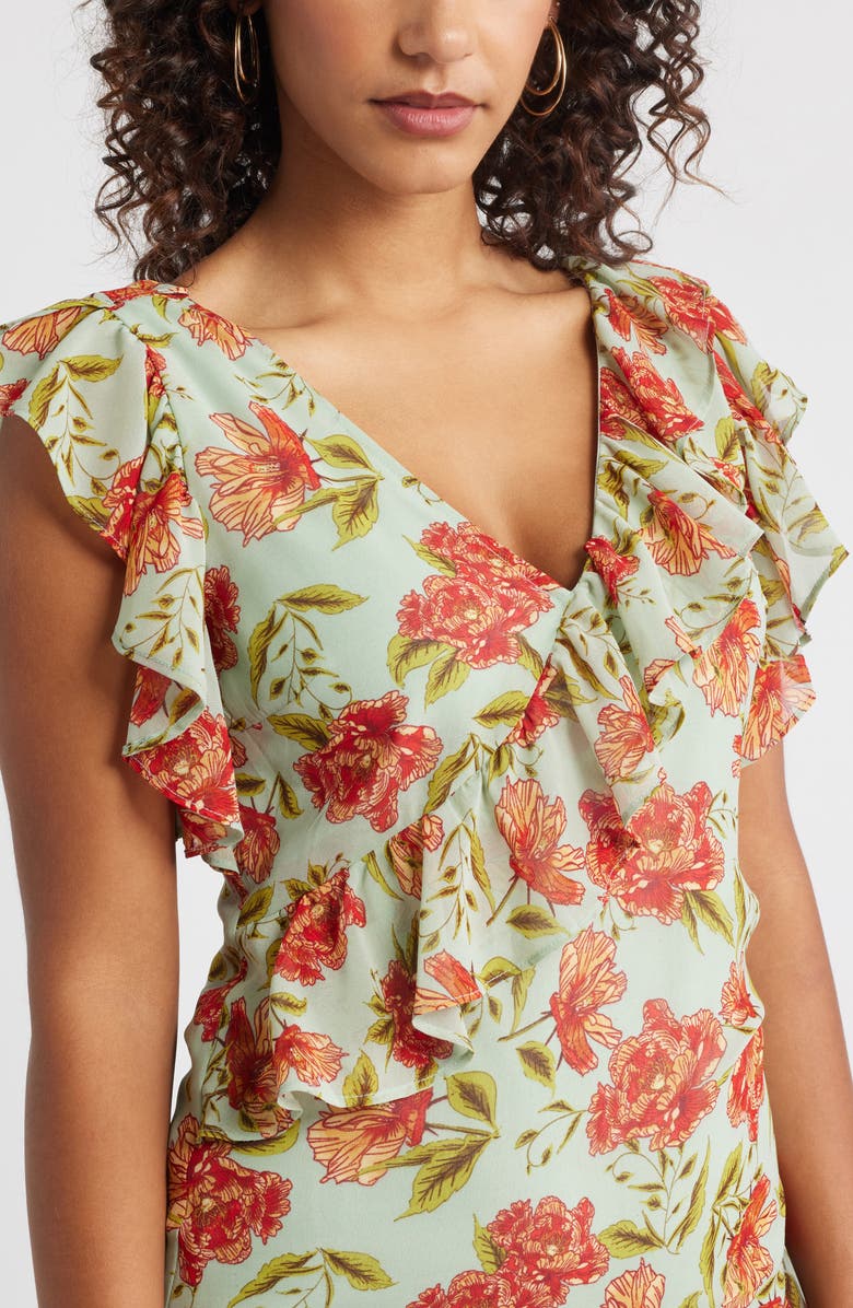 Chelsea28 Ruffle Tiered Chiffon Midi Dress, Alternate, color, Green- Red Frannie Floral