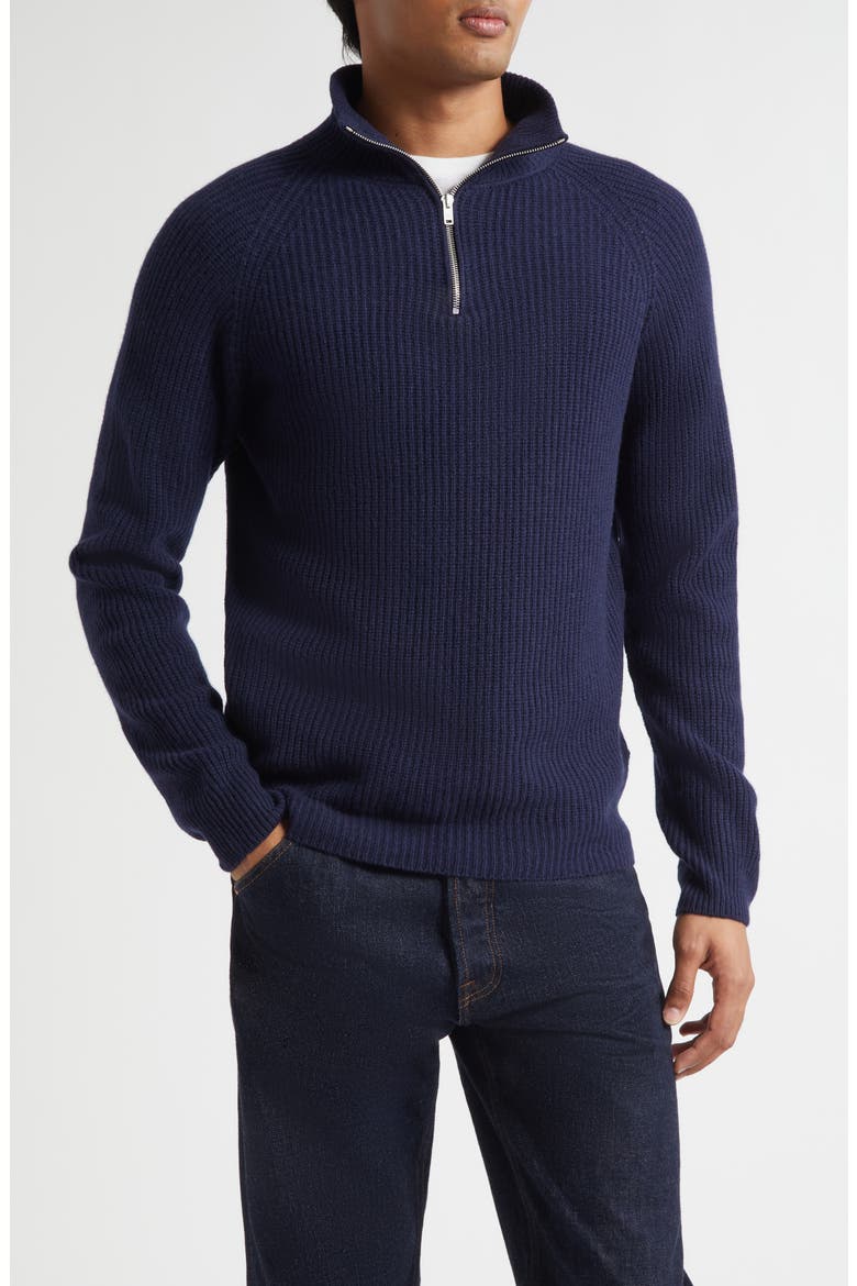 Cashmere & Extrafine Merino Wool Rib Half Zip Sweater, Main, color, MIDNIGHT