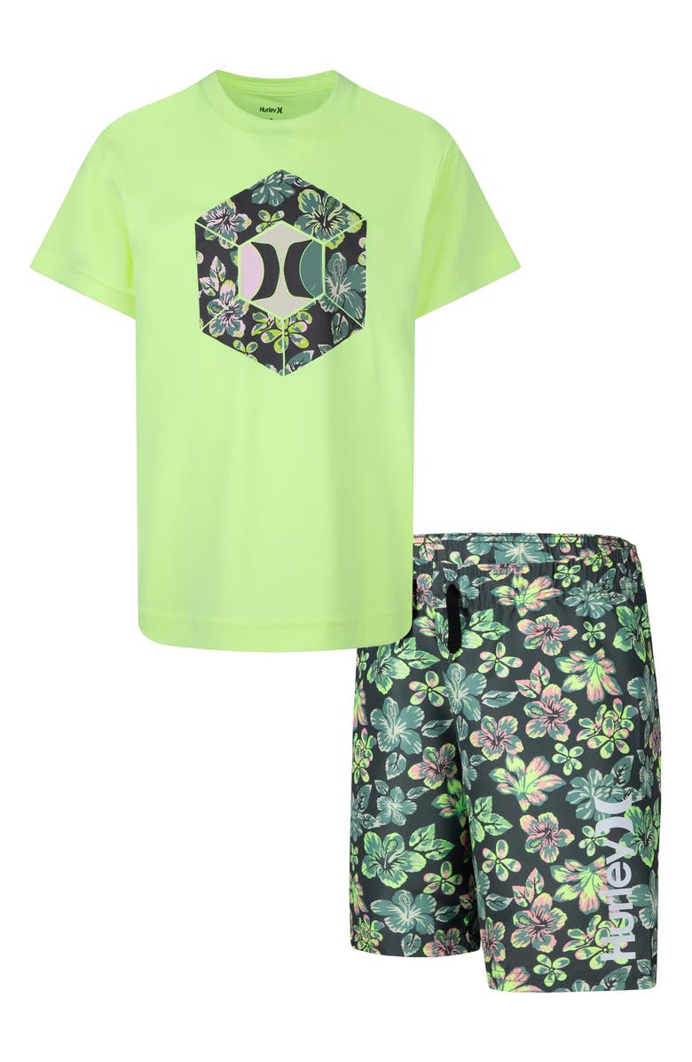 Hurley Kids' Floral Dri-FIT Swim Shirt & Trunks Set, Main, color,