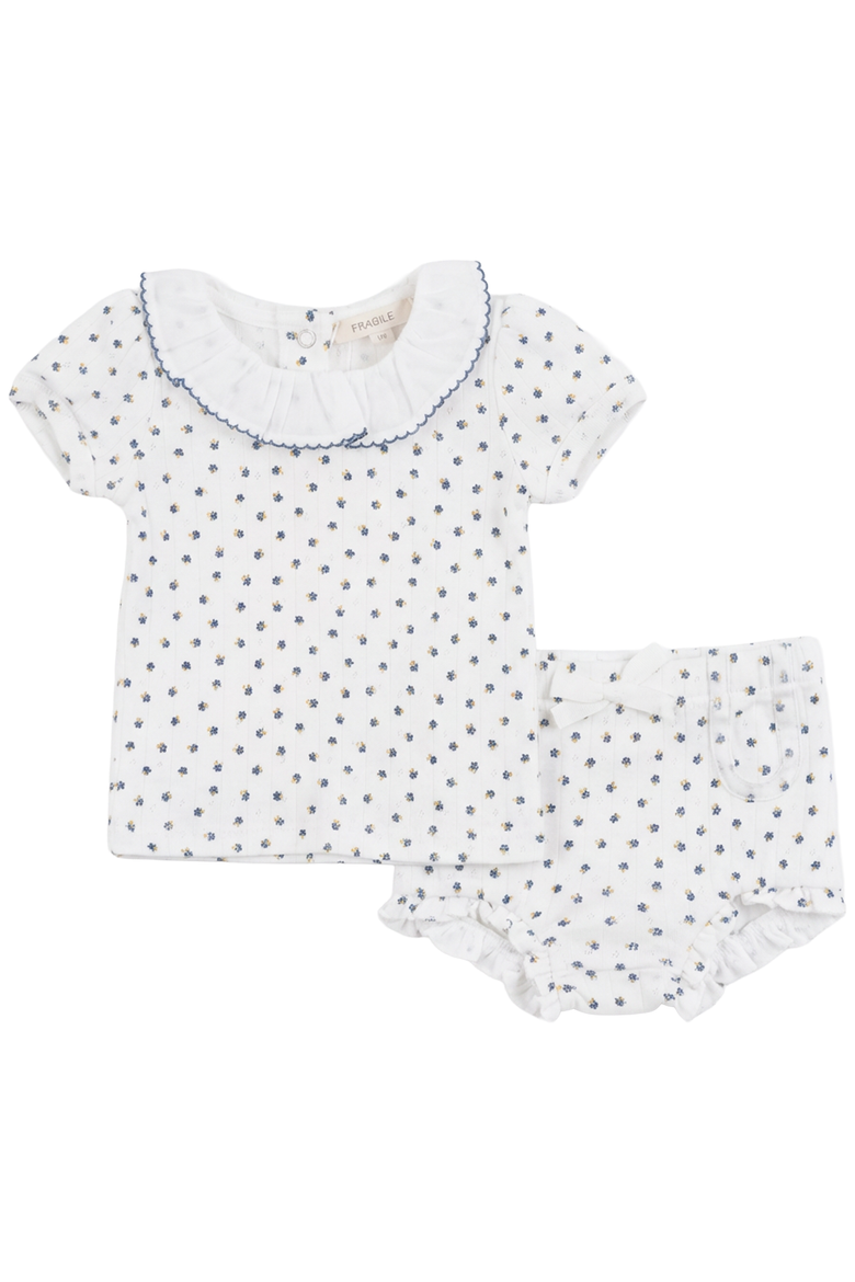 Pointelle with Flower Print Short Set with Ruffle Collar Top, Main, color, White/Denim