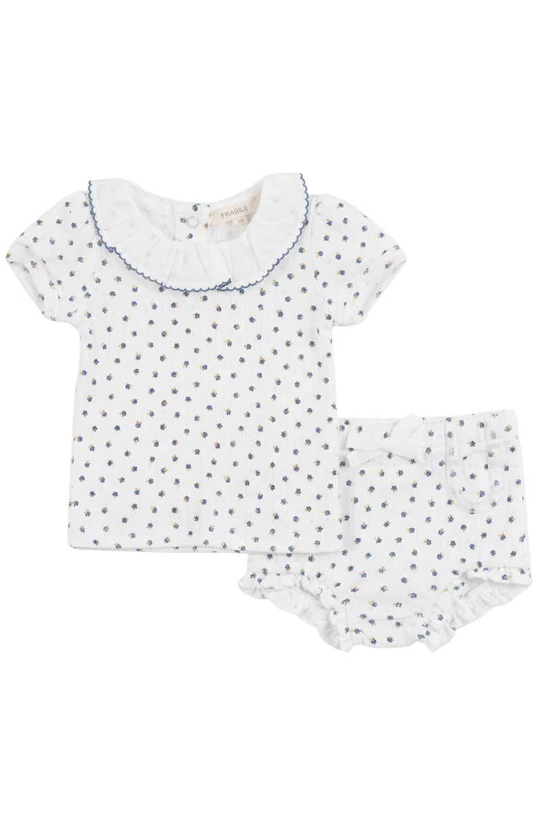 Fragile Pointelle with Flower Print Short Set with Ruffle Collar Top, Main, color, White/Denim