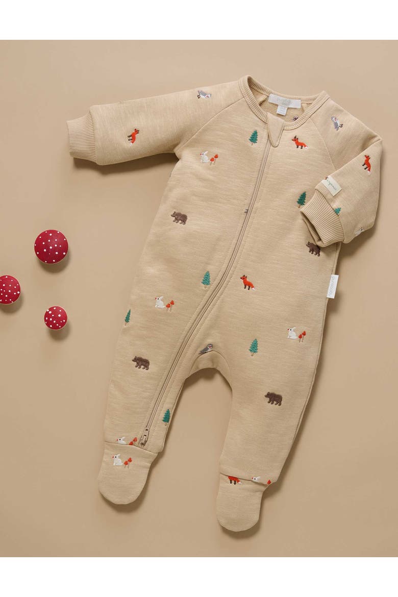 Embroidered Fleece Zip Baby Footie, Alternate, color, Woodland Broderie