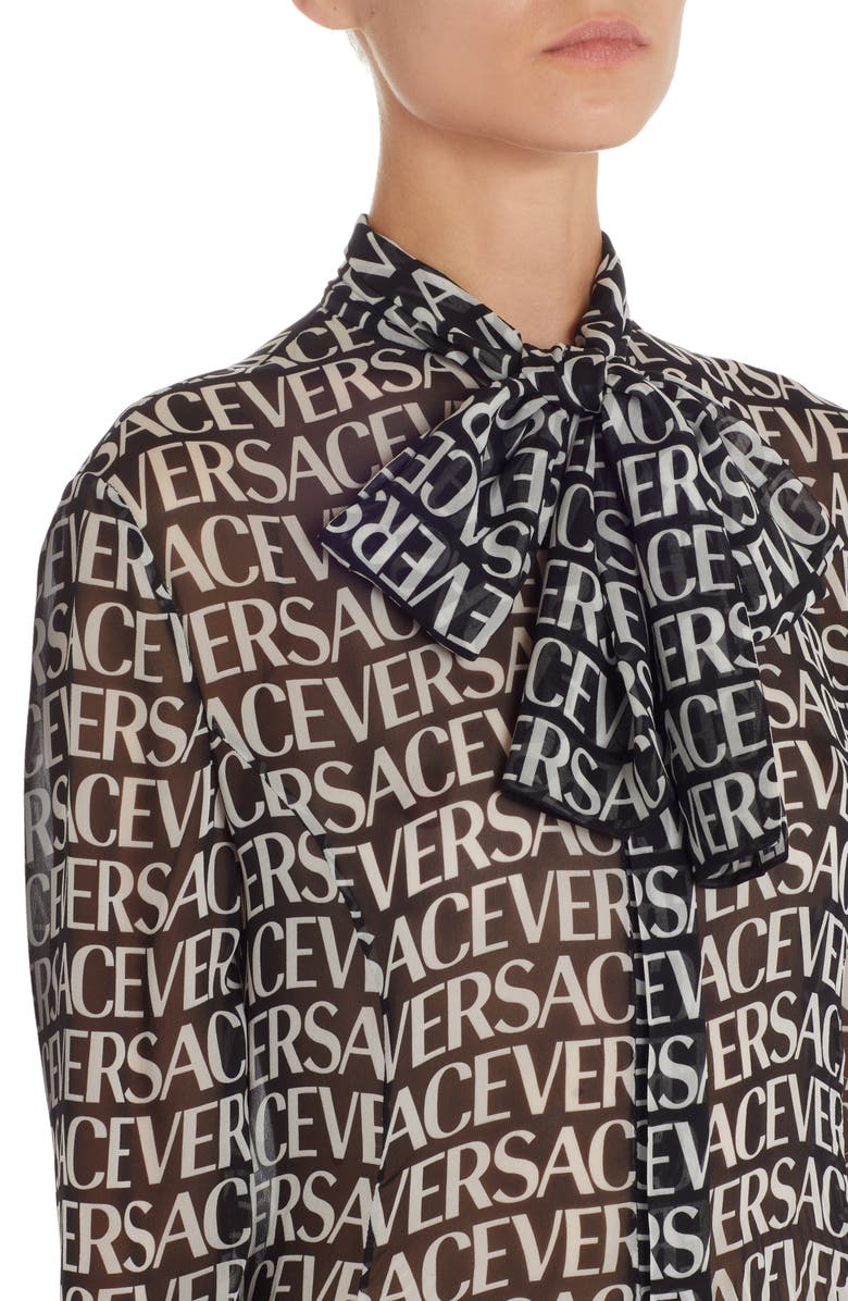 Versace Logo Print Semisheer Long Sleeve Silk Midi Dress, Alternate, color,
