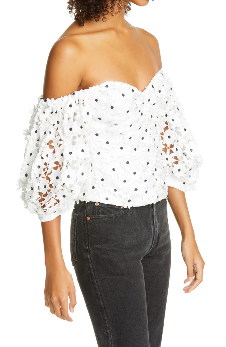 Self-Portrait Daisy Guipure Lace Puff Sleeve Off the Shoulder Top, Alternate, color, 