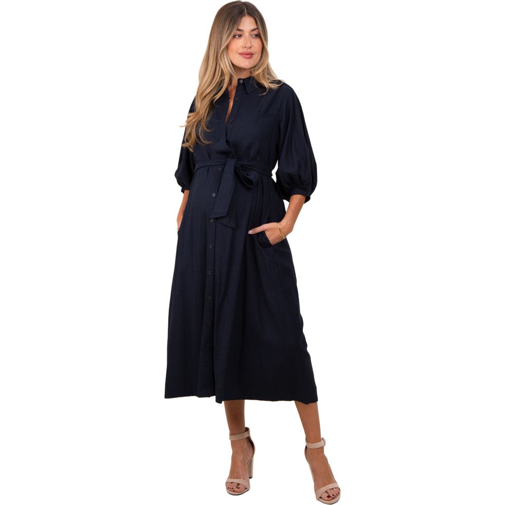 PinkBlush 3/4 Bubble Sleeve Midi Shirt Dress in Navy Blue  product