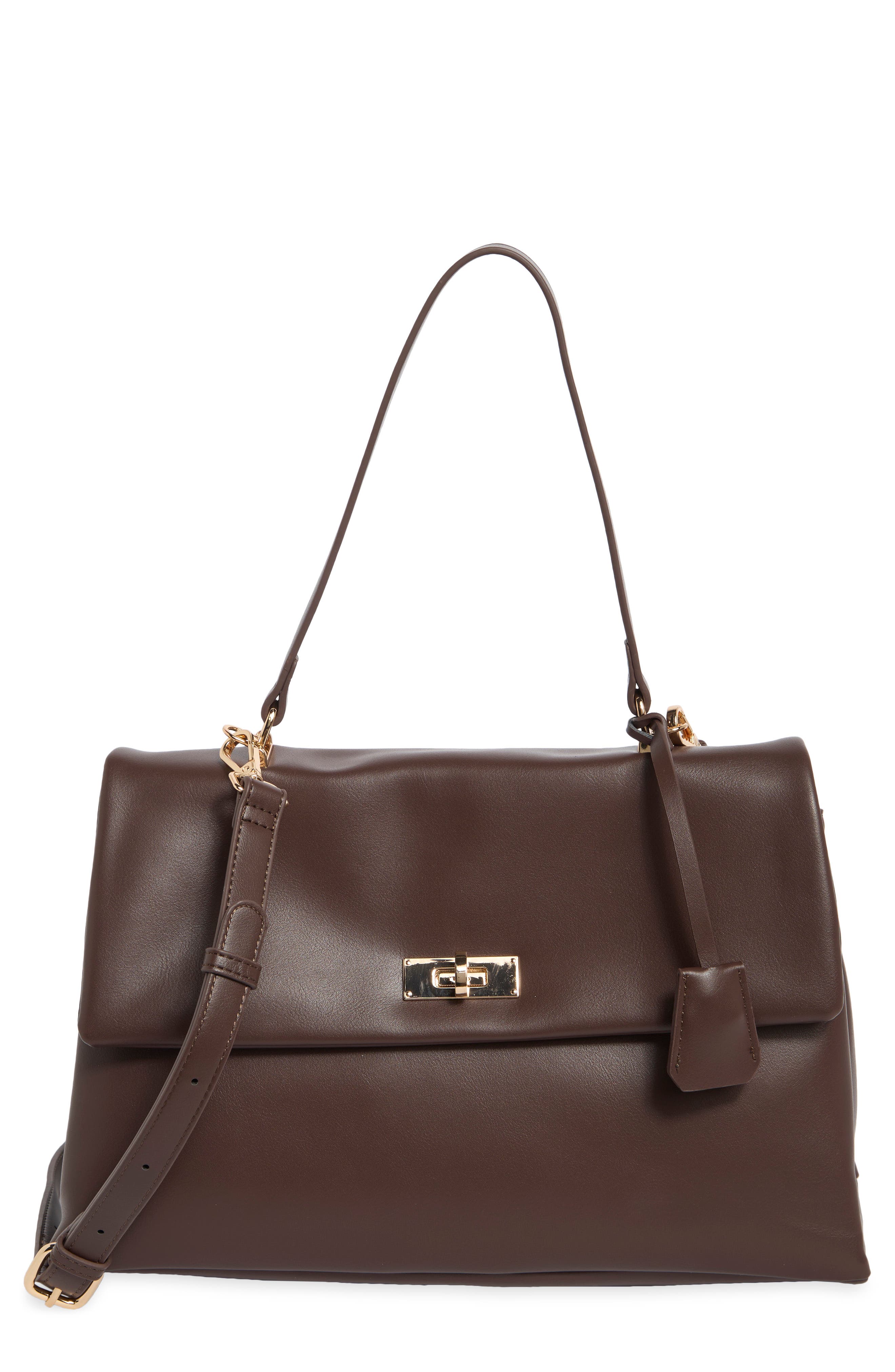 Faux Leather Satchel, Main, color, FRENCH ROAST