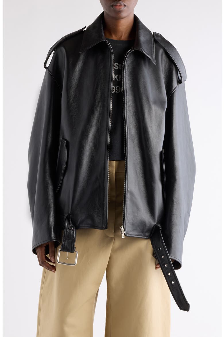 Linaga Oversize Leather Moto Jacket, Main, color, BLACK