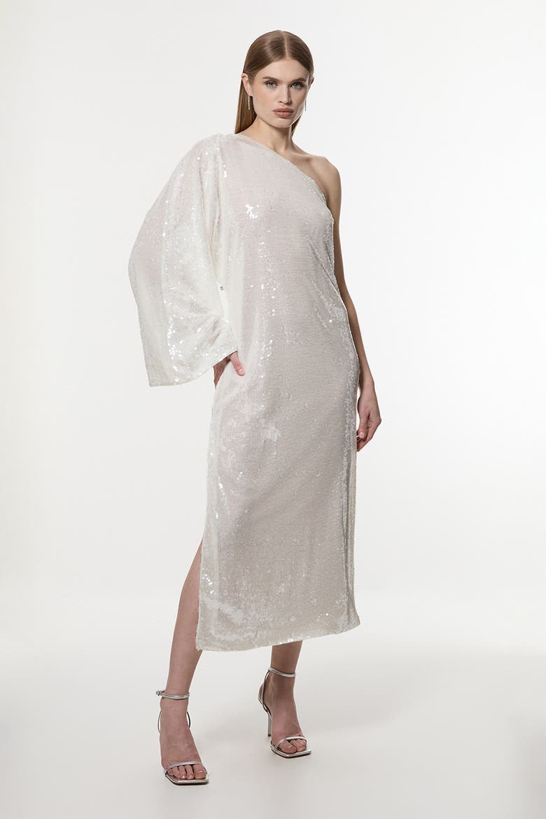 One Shoulder Woven Sequin Dress, Main, color, White