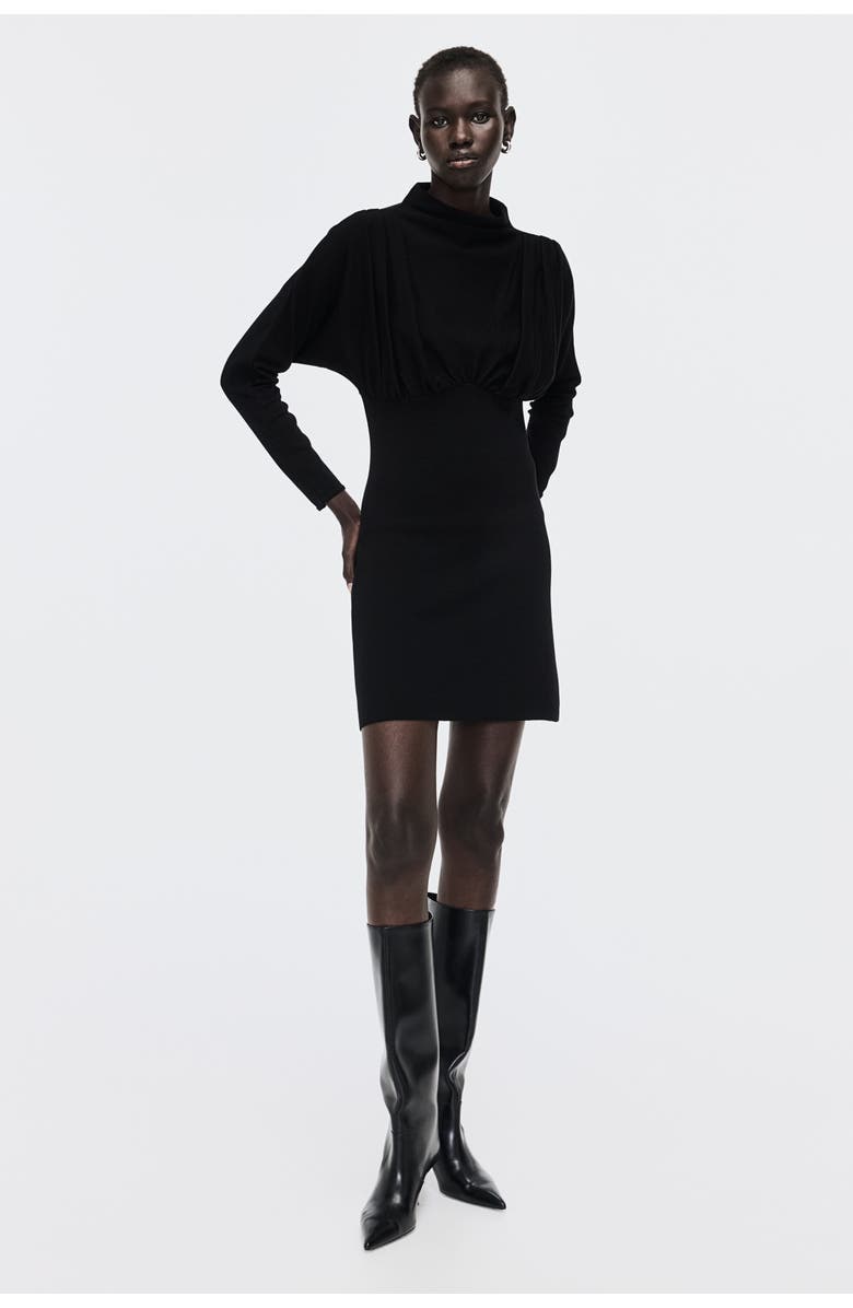 H&M Gathered Turtleneck Dress, Alternate, color, Black
