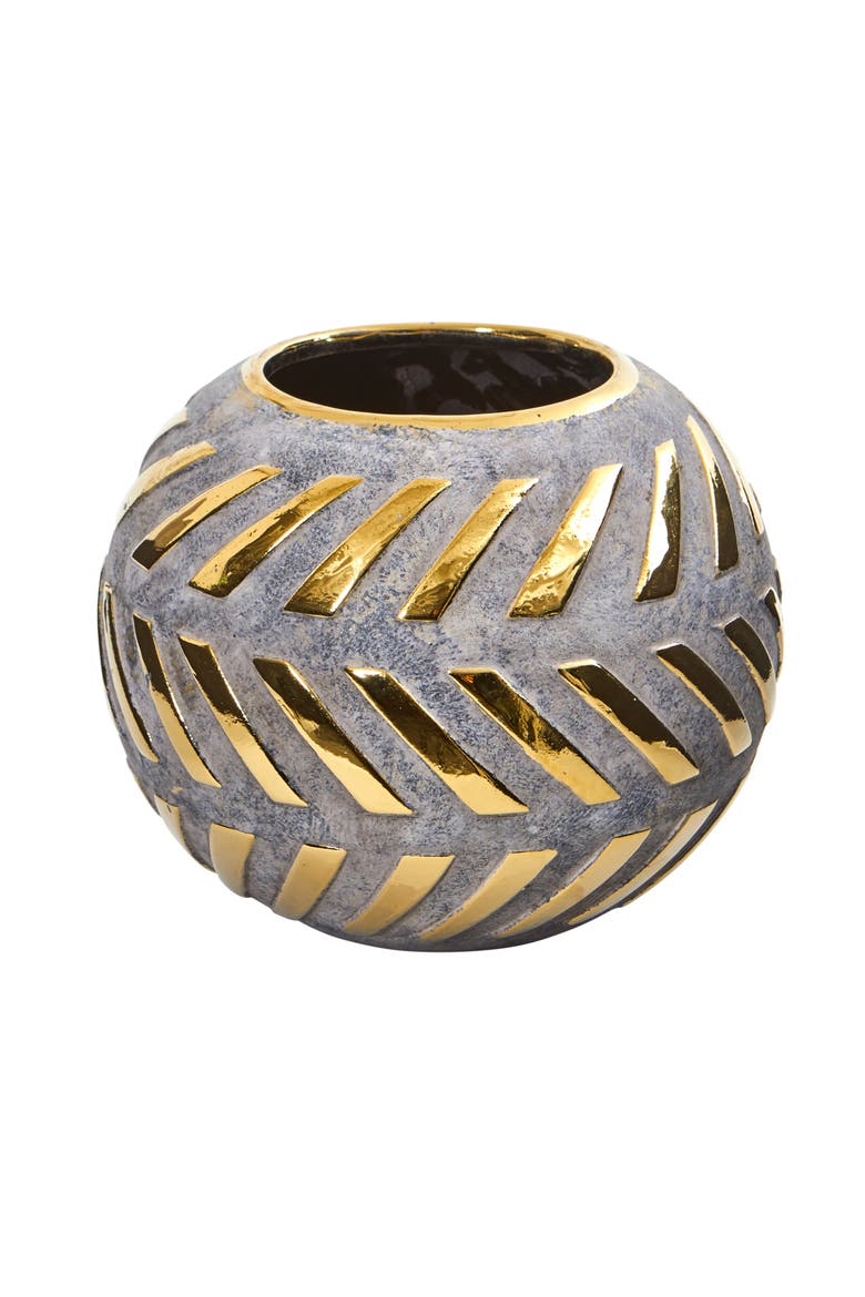 8-in Regal Round Stone Vase with Gold Accents, Main, color, Gray