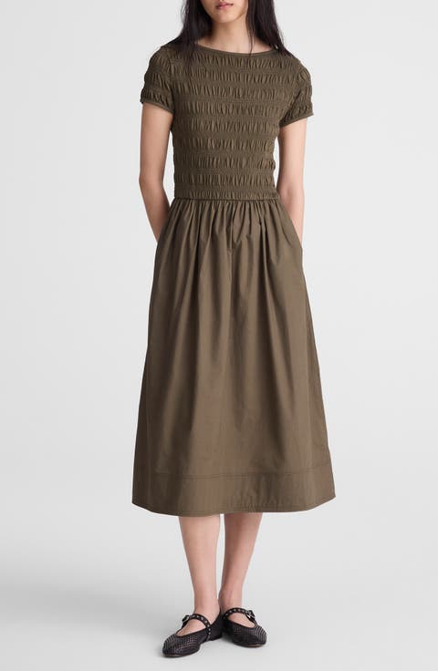 Smocked Boatneck Midi Dress