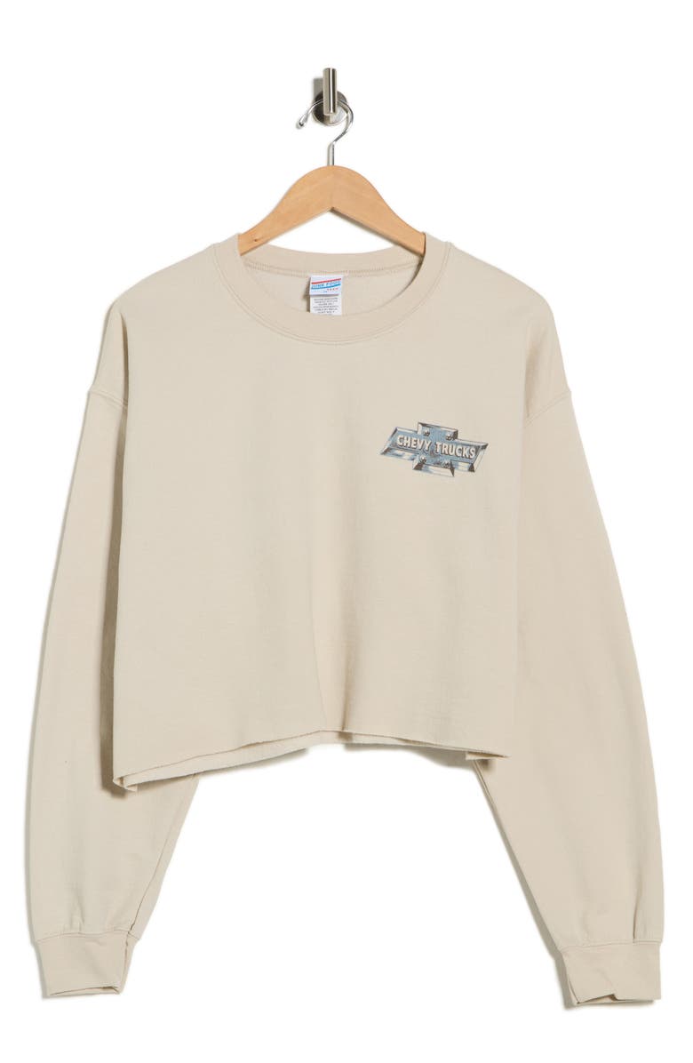 Junk Food Chevy Trucks Graphic Pullover Crop Sweater, Alternate, color, Sand