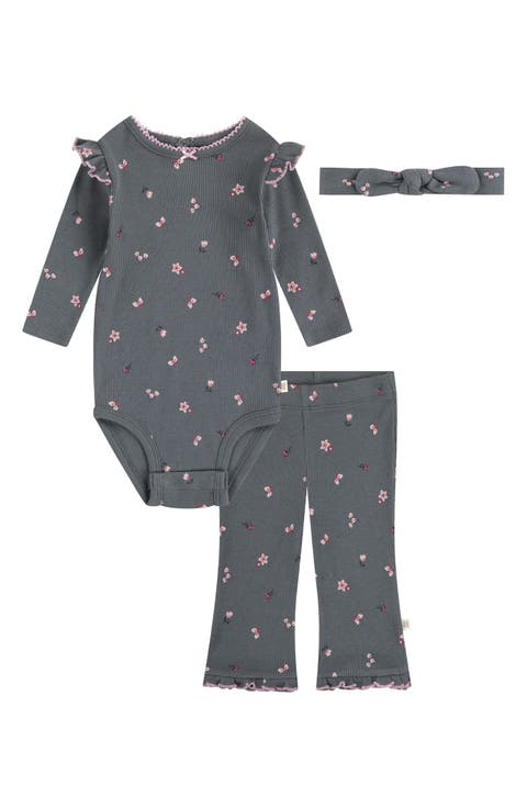 Floral Organic Cotton Bodysuit, Pants & Headband Set