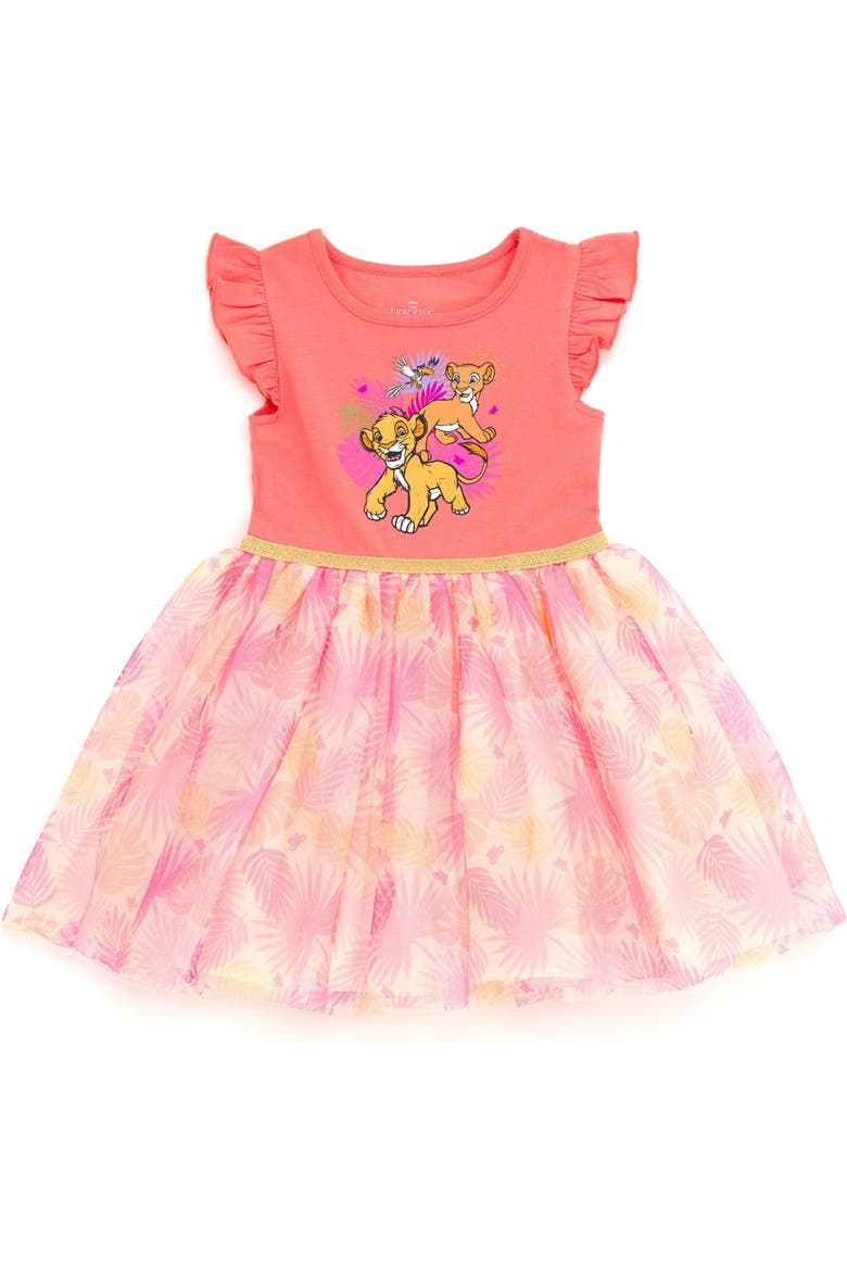 Lilo & Stitch Flutter Sleeve Tulle Tutu Dress, Main, color, Coral Simba Nala
