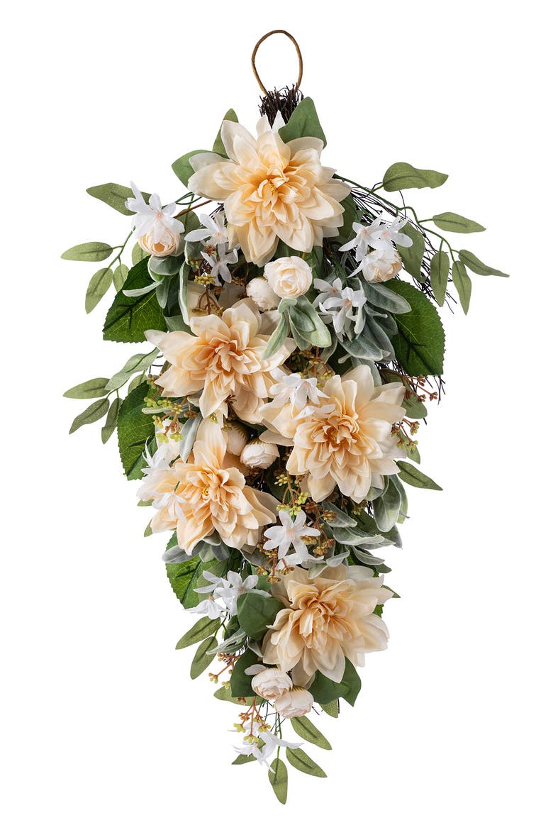 28"H Peach Dahlia Artificial Floral Teardrop, Main, color, Beige