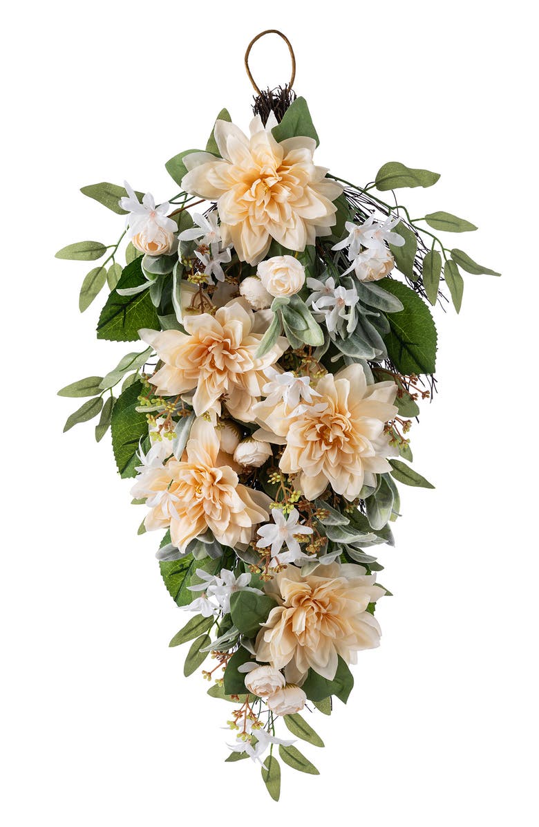 Glitzhome 28"H Peach Dahlia Artificial Floral Teardrop, Main, color, Beige