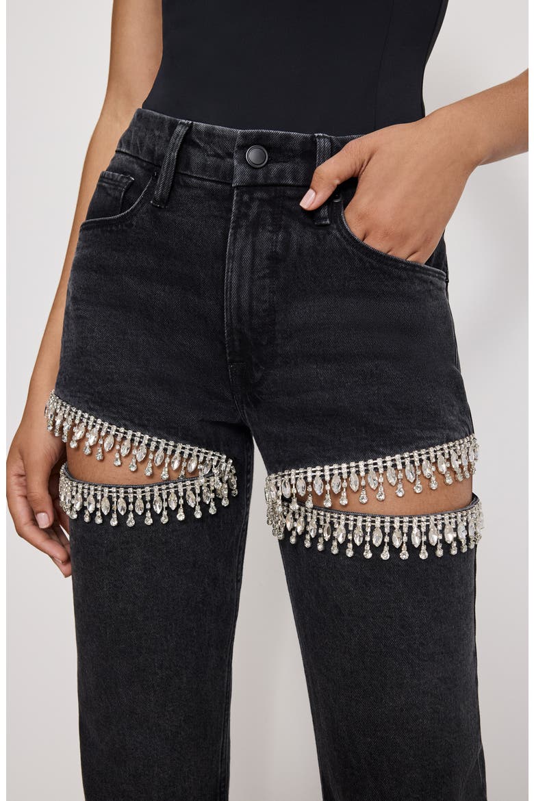 Good Icon Crystal Embellished Cutout Straight Leg Jeans, Alternate, color, BLACK376