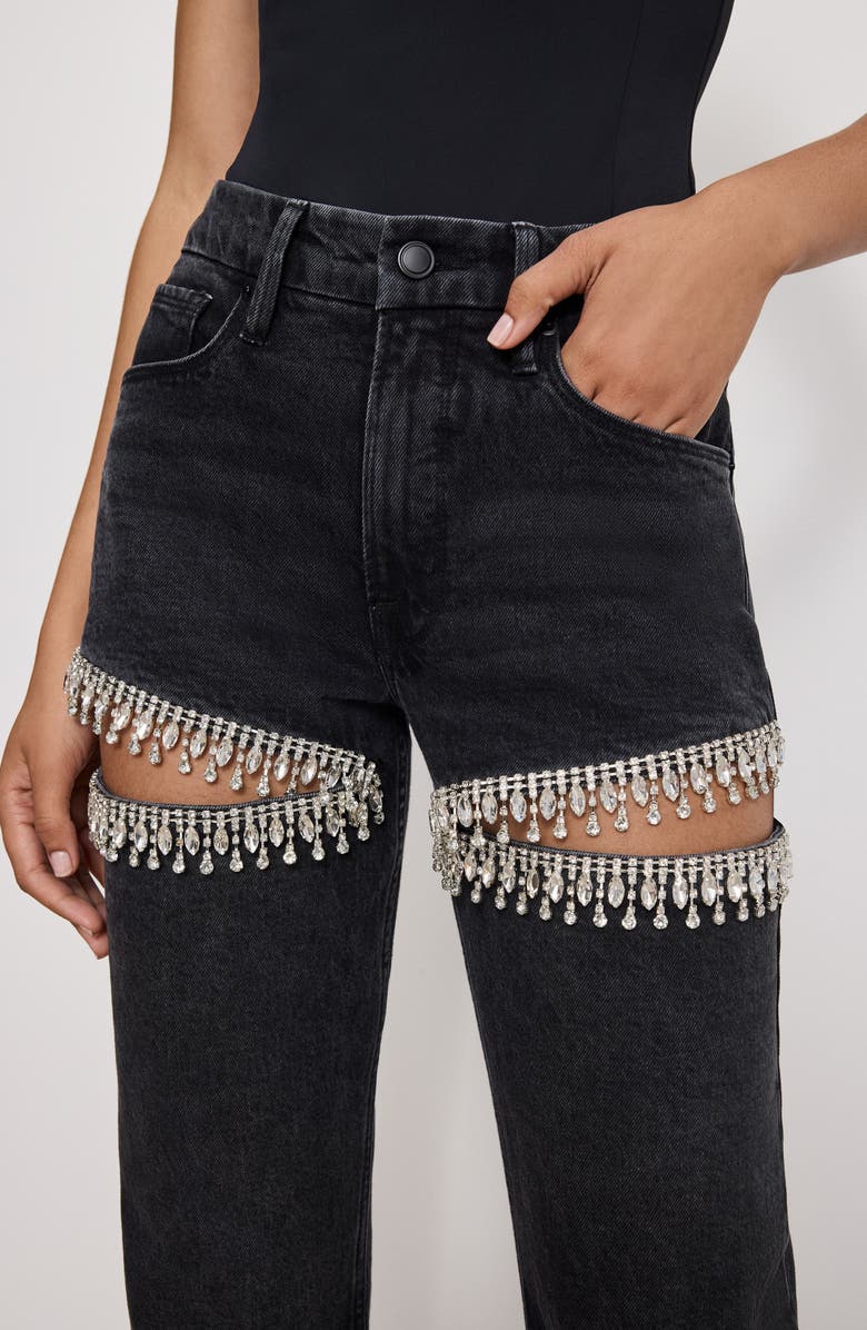 Good American Good Icon Crystal Embellished Cutout Straight Leg Jeans, Alternate, color, Black376