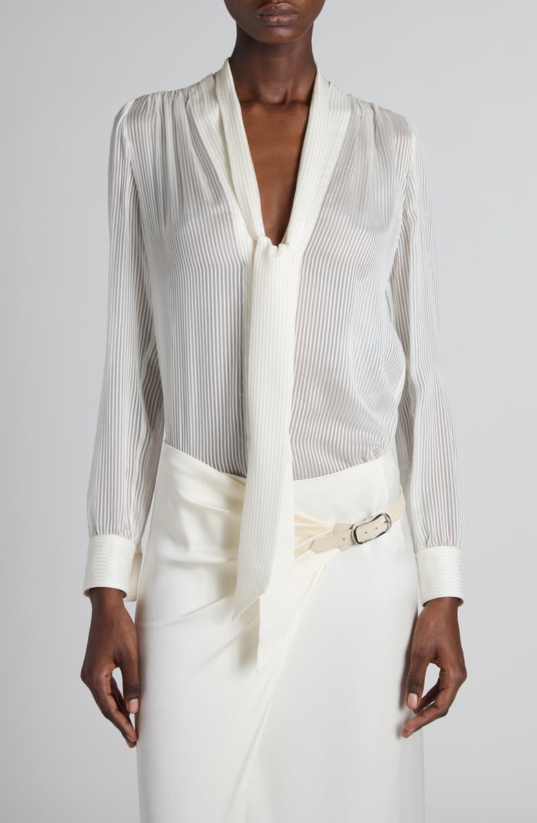 TOM FORD Microstripe Tie Neck Silk Chiffon Button-Up Shirt, Main, color, 