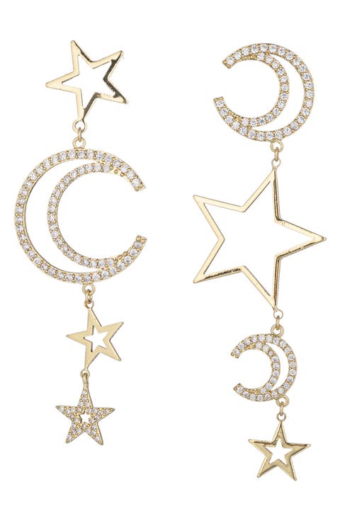 Celestial Star & Moon CZ Drop Earrings