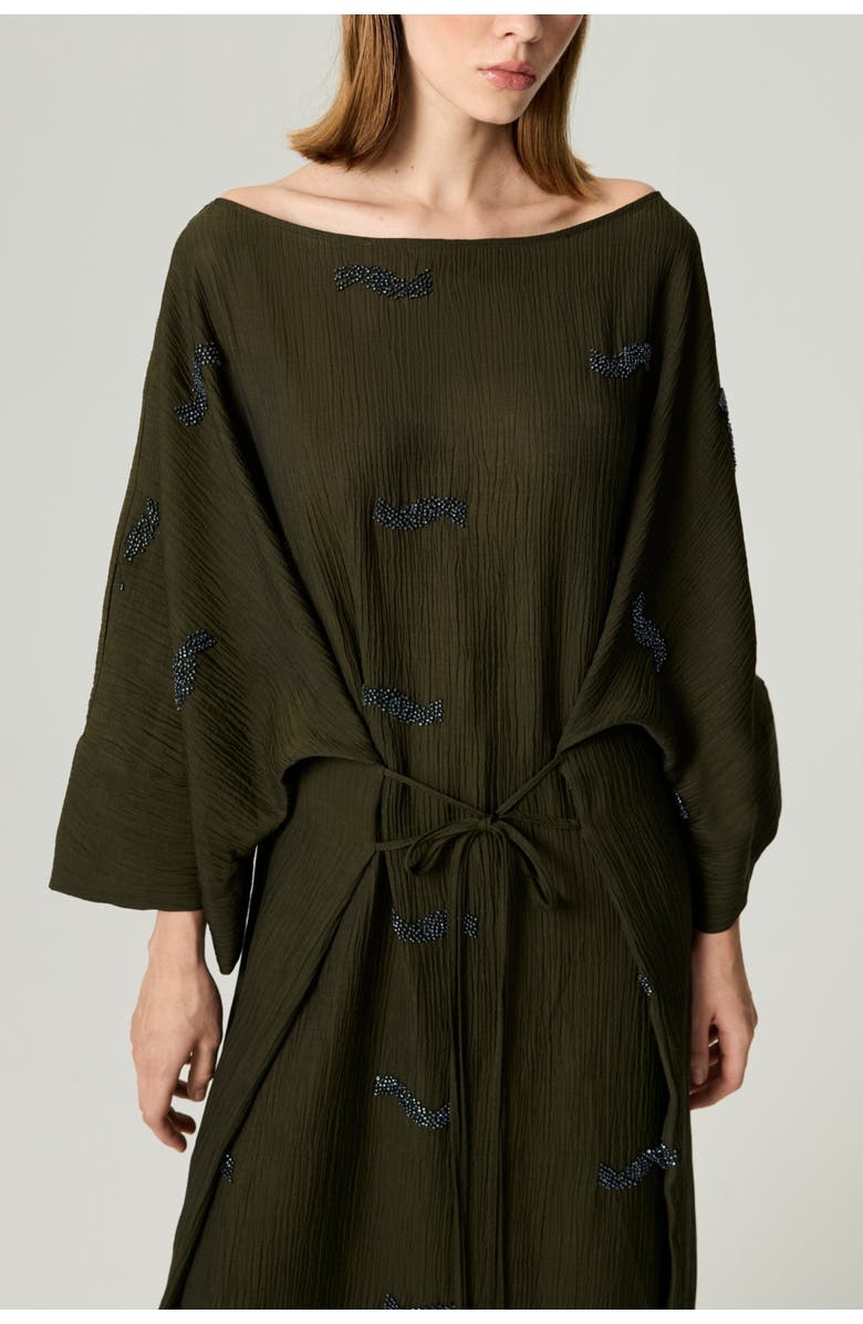 Nocturne Embroidered Crinkle-Knit Kimono Maxi Dress, Alternate, color, Khaki