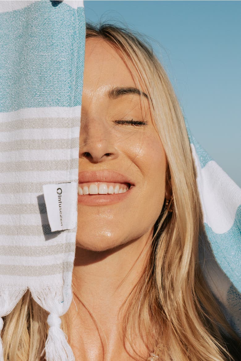 Marine Striped Organic Turkish Towel with Soft Terry Cloth Lining, Alternate, color, Turquoise and Grey