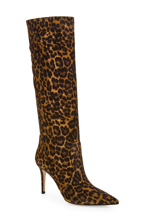 Hansen Leopard Print Pointed Toe Suede Over the Knee Boot