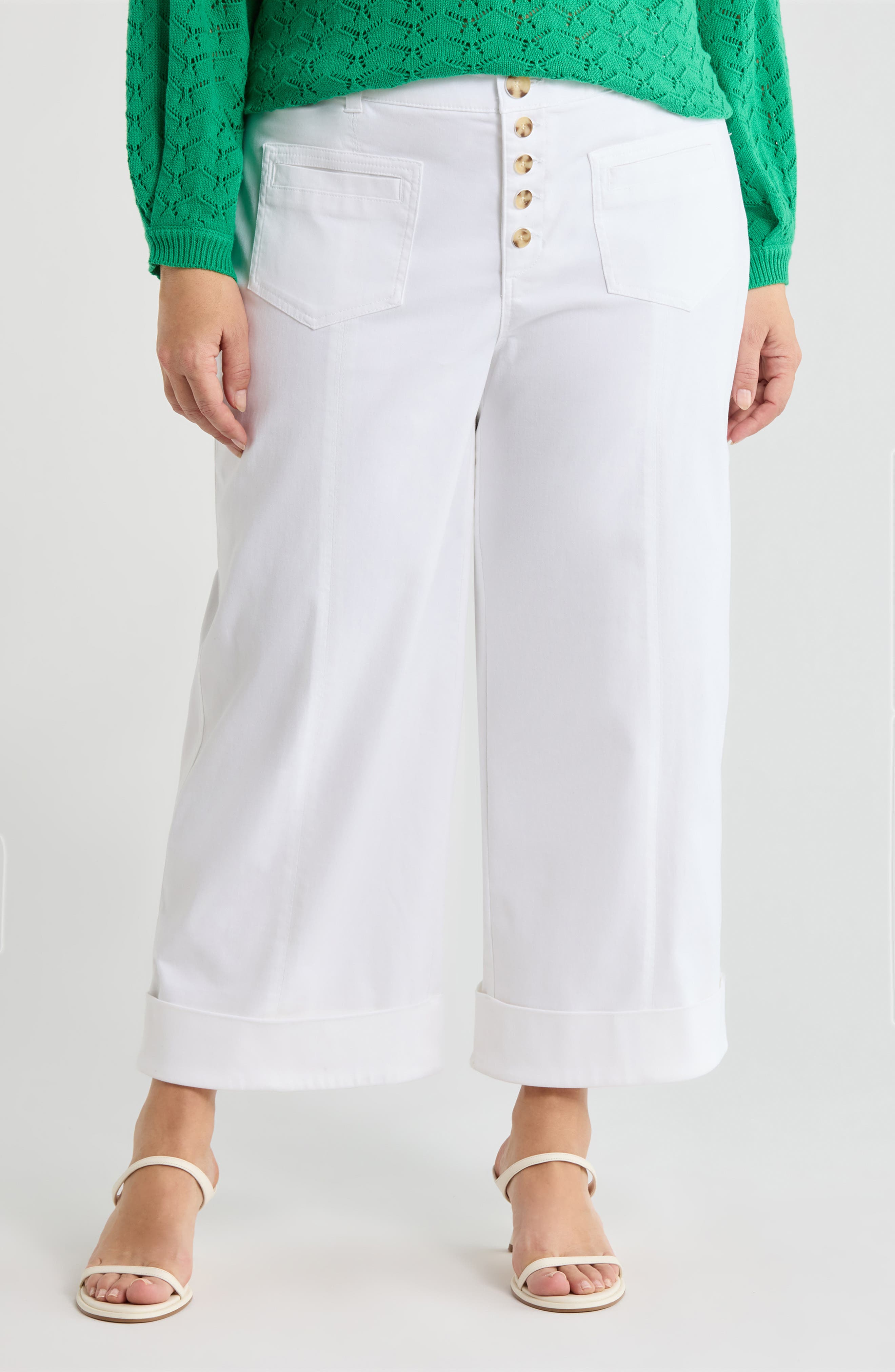 Skyrise Exposed Button Cuffed Wide Leg Twill Pants