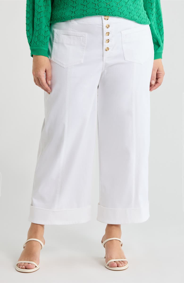 Wit & Wisdom Skyrise Exposed Button Cuffed Wide Leg Twill Pants, Main, color, White