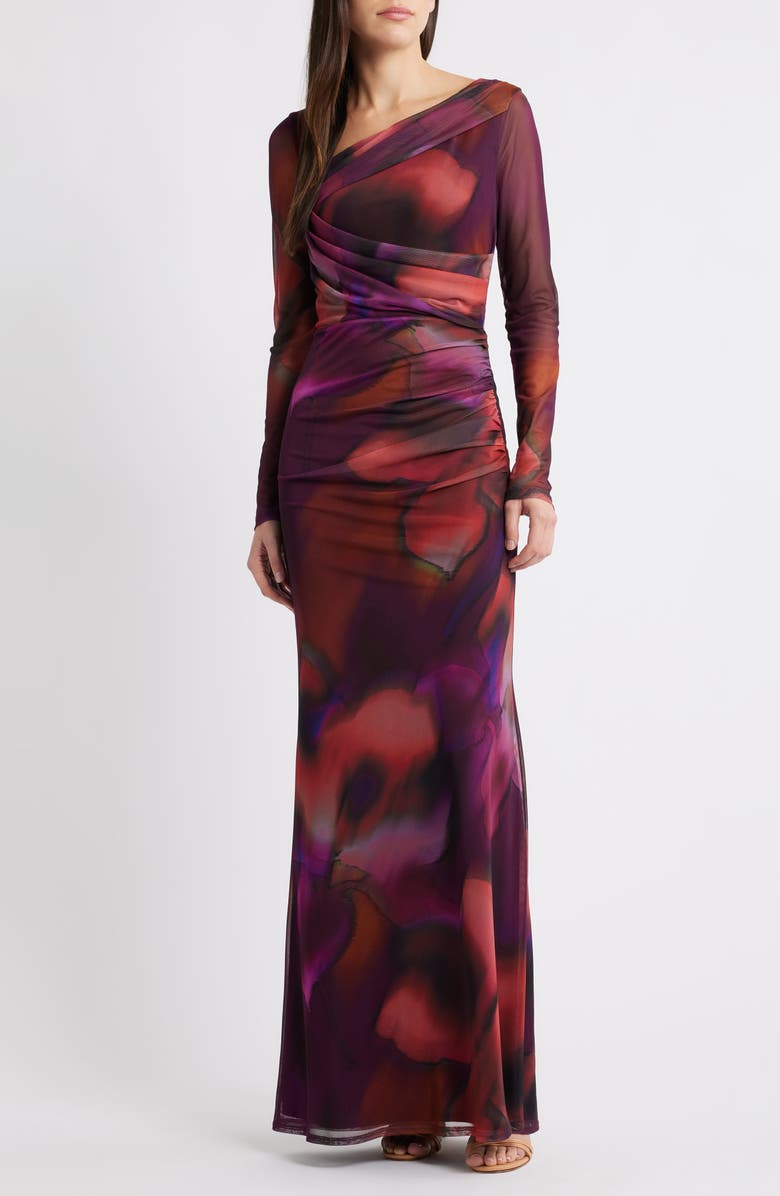 Black Halo Lazul Long Sleeve Maxi Dress, Main, color, Abstract Pasque Blossom