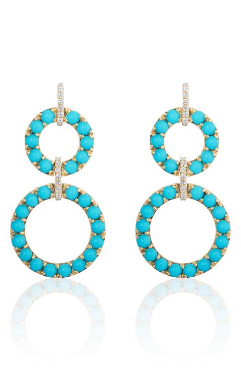 Turquoise Cabochon & Diamond Circle Drop Earrings