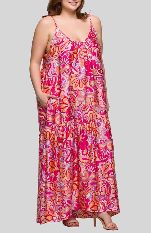 24seven Comfort Apparel Plus Size Print Lightweight Spaghetti Strap Pocket Maxi Dress In Pink