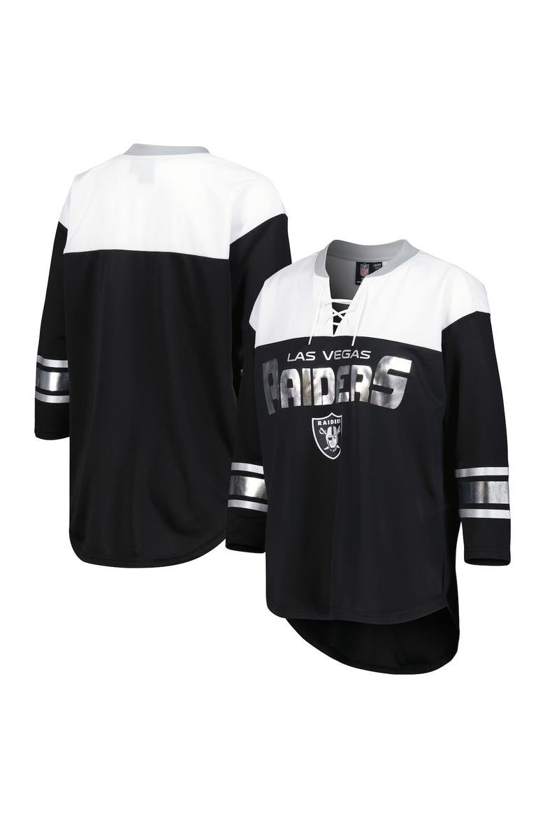 Women's G-III 4Her by Carl Banks Black/White Las Vegas Raiders Double Team 3/4-Sleeve Lace-Up T-Shirt, Main, color, Black