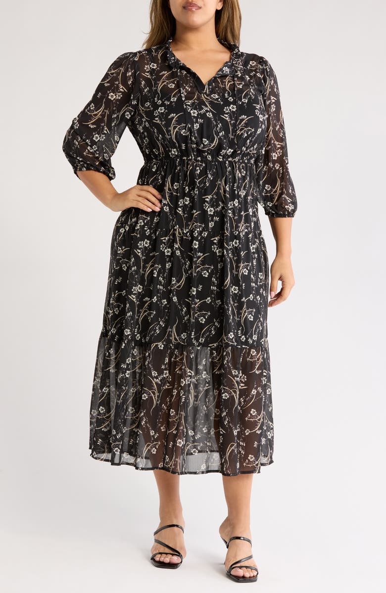 Melrose and Market Floral Tie Neck Long Sleeve Tiered Midi Dress, Main, color, Black Lush Floral