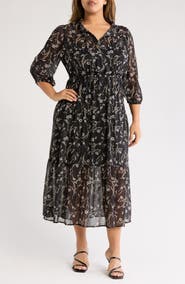 Melrose and Market Floral Tie Neck Long Sleeve Tiered Midi Dress