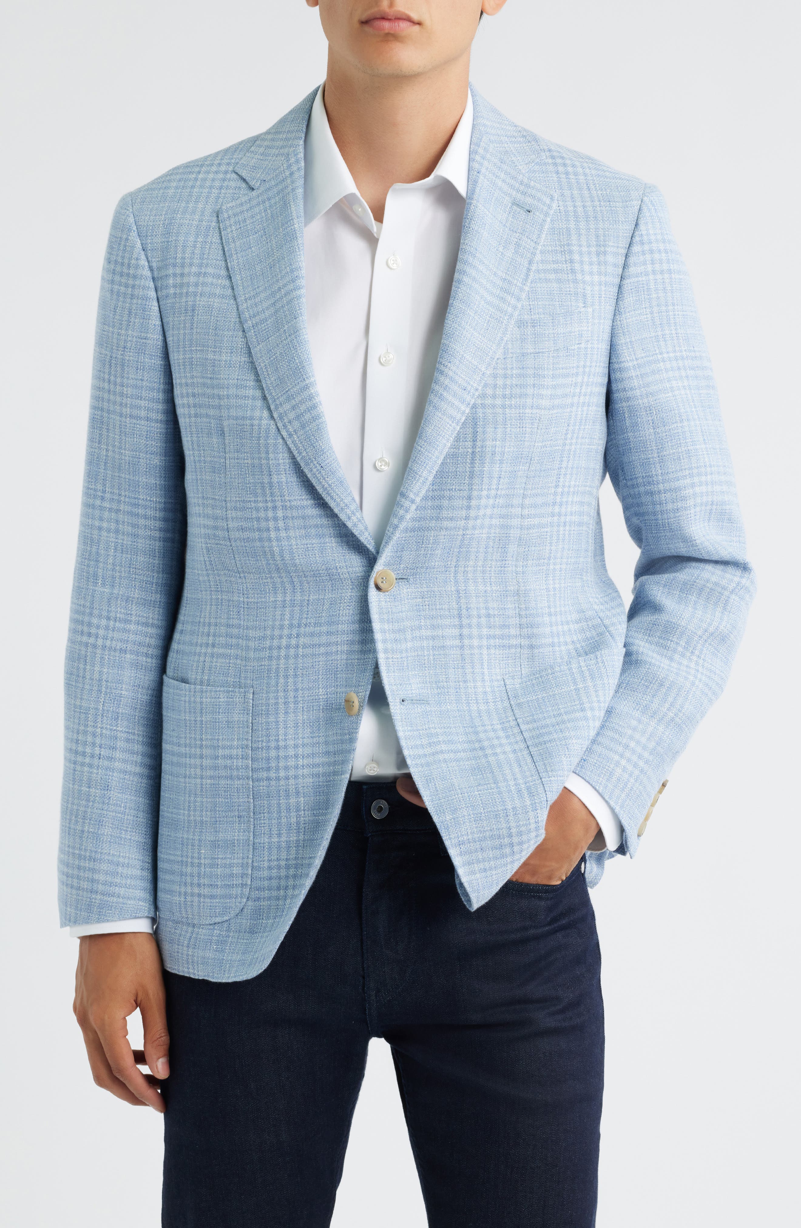Canali Kei Trim Fit Plaid Slub Linen & Wool Sport Coat