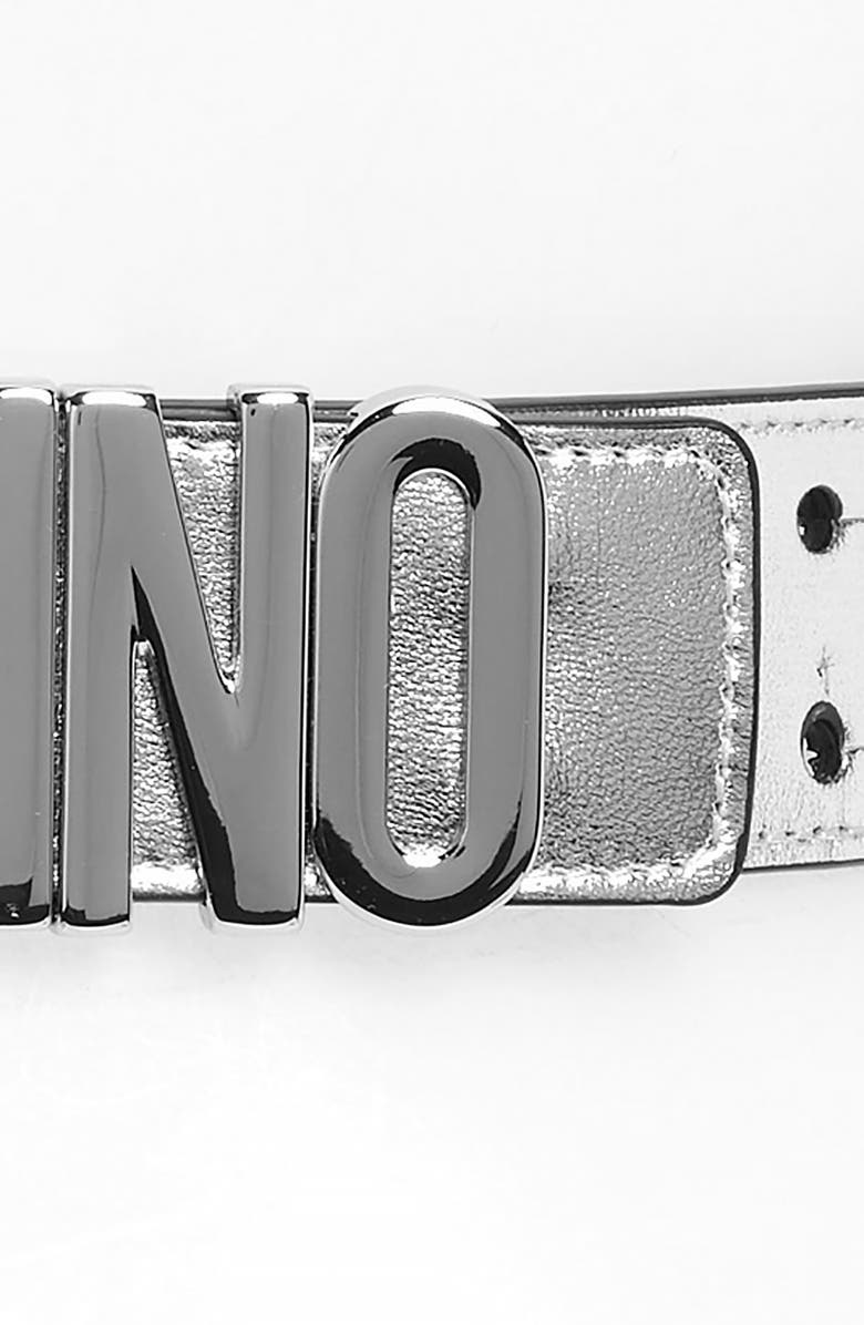 Moschino Logo Plate Metallic Leather Belt, Alternate, color, 