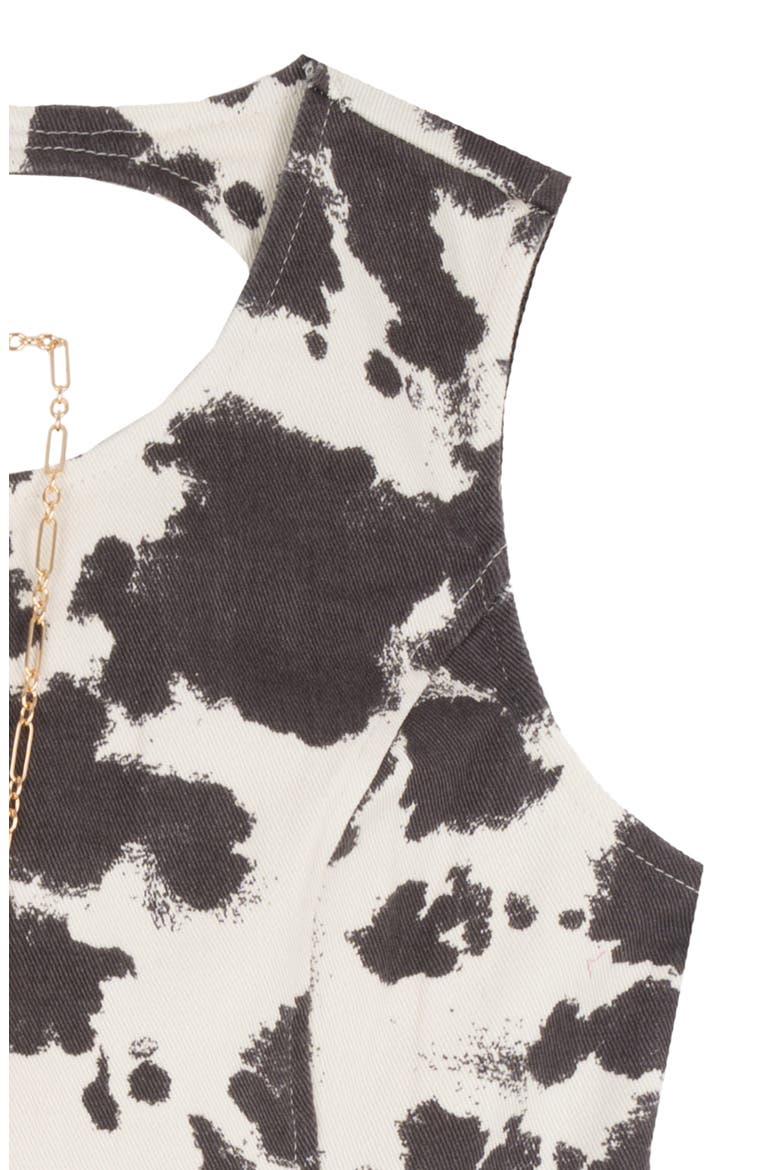Kids' Cow Print Paneled Twill A-Line Dress & Necklace, Alternate, color, BROWN